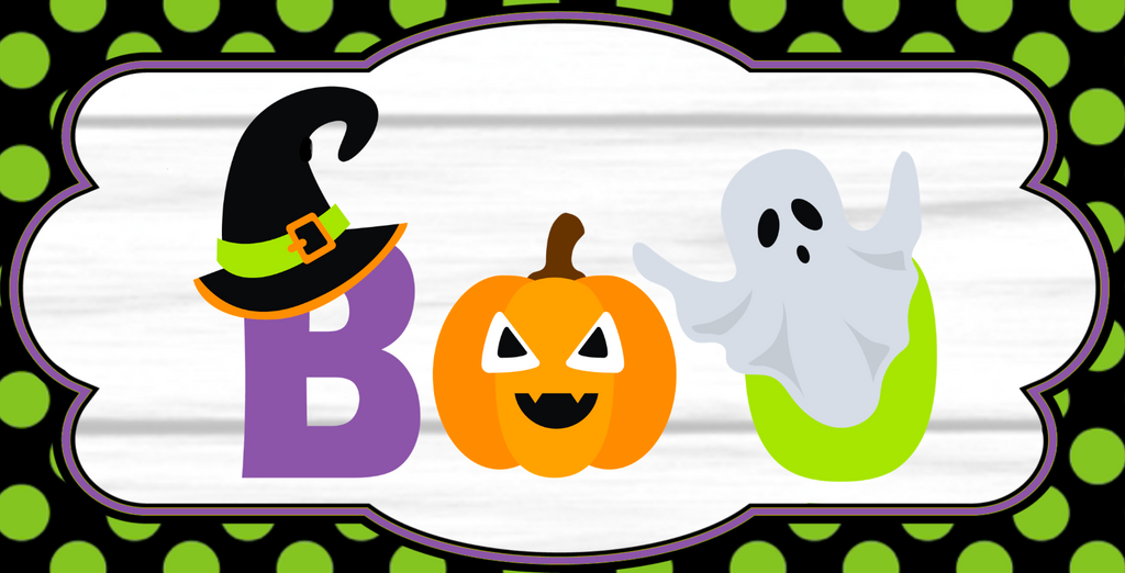 12 inch metal wreath sign with Boo spelled out in purple orange and green letters each with their own spooky embellishment surrounded by a solid black background with lime green polka dots.