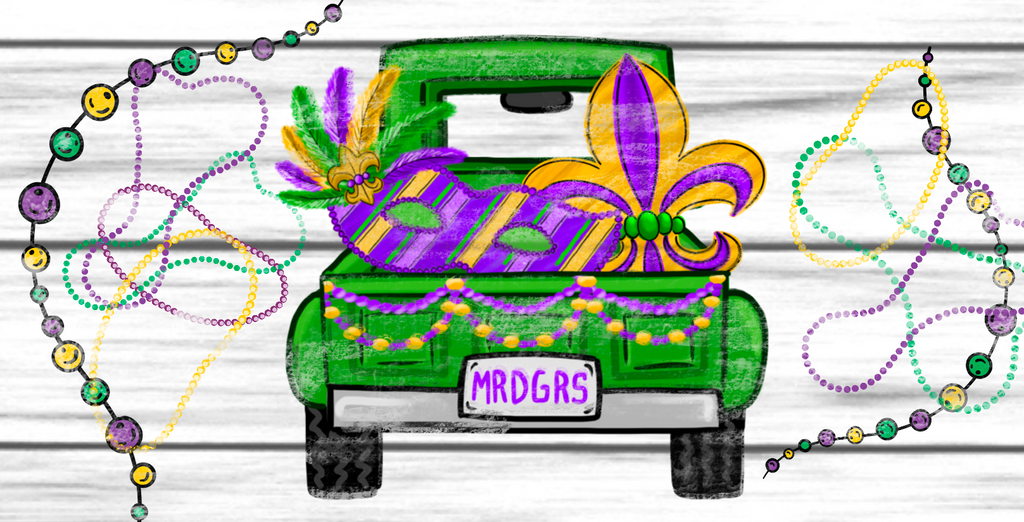 12" metal mardi gras wreath sign with a green truck with the bed full of mardi gras treasure set atop a white shiplap patterns and surrounded by mardi gras beads.