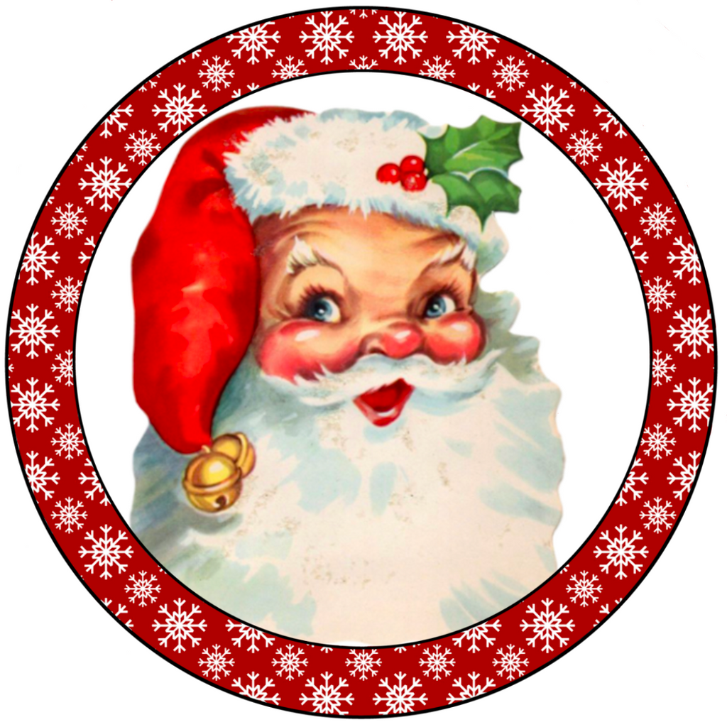 8 inch round wreath sign with a smiling Santa face surrounded by white snowflakes atop a red background.