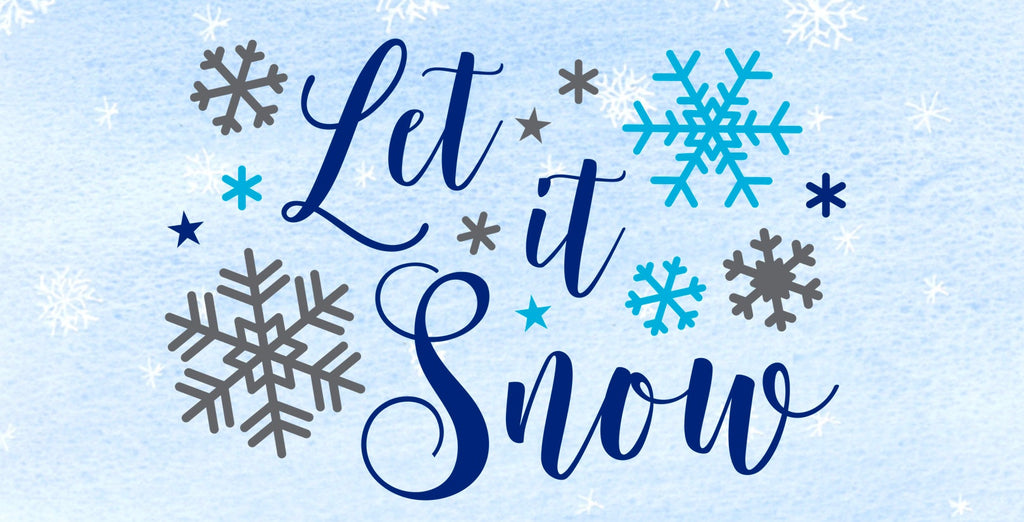 12 inch metal wreath sign with Let it Snow printed in Blue atop a snowy background and accented by gray and blue snowflakes.