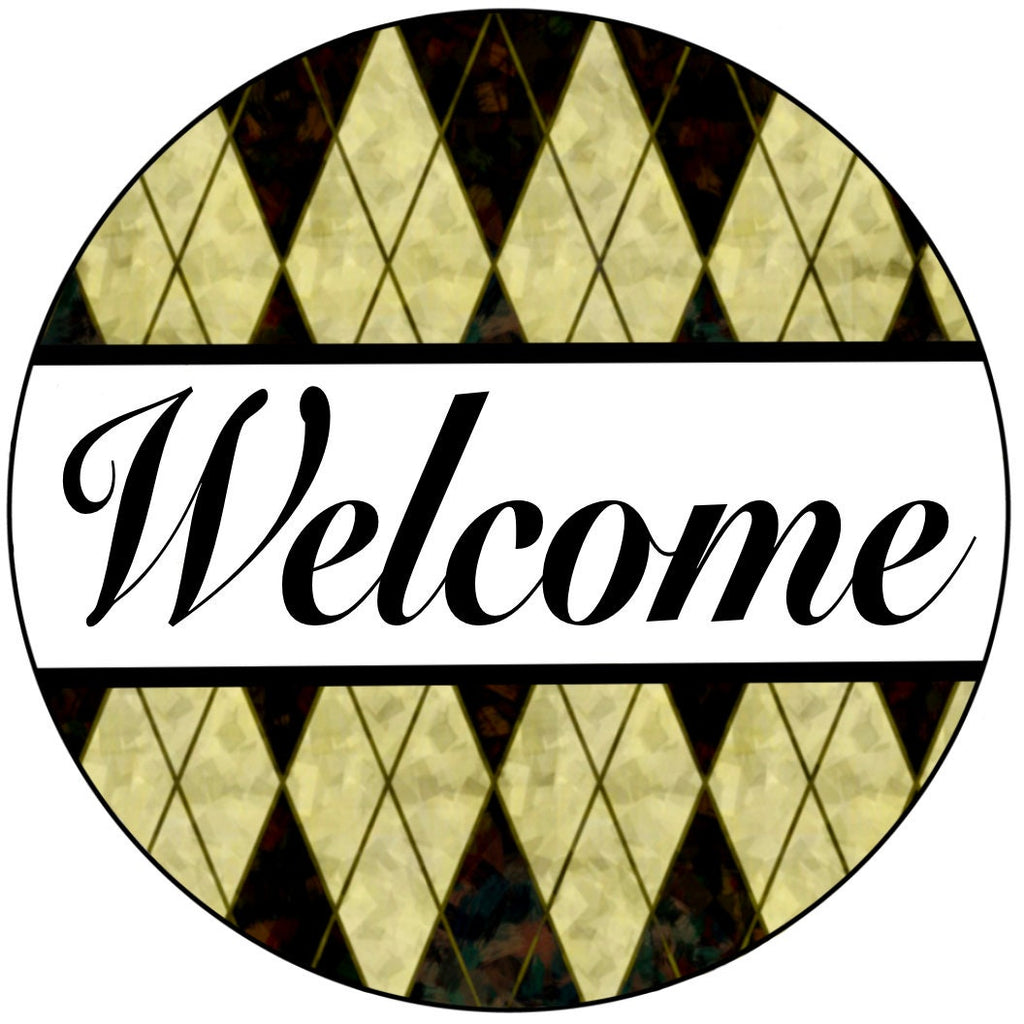 8 inch round metal sign that says Welcome atop a harlequin background