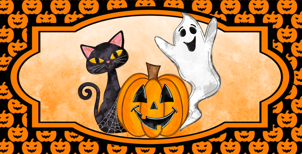 12 inch metal Halloween Wreath Sign with a happy black cat, ghost and jack o lantern surrounded by a pumpkin pattern background.