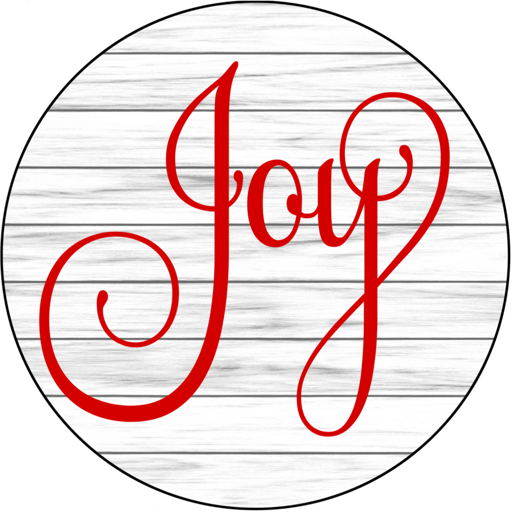 8 inch round metal Christmas Sign with Joy spelled out in cursive set against a simple white shiplap background