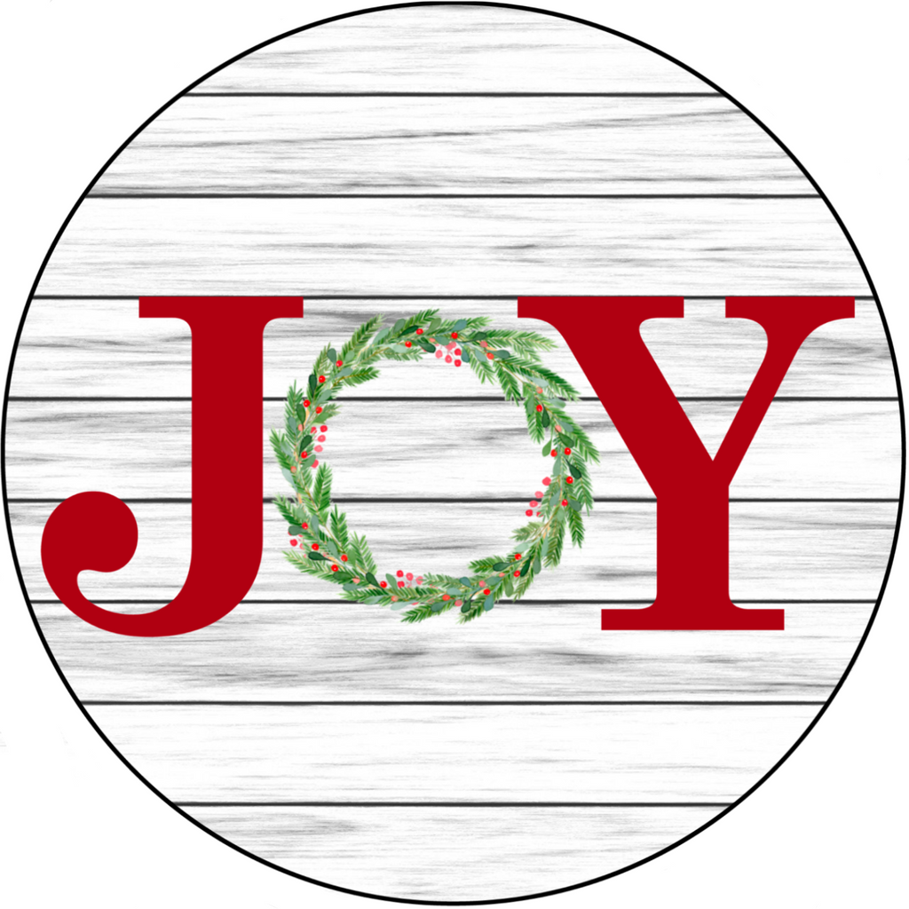 8 inch round metal wreath sign with the word Joy printed in red against a white shiplap background and a simple wreath replacing the letter "o".