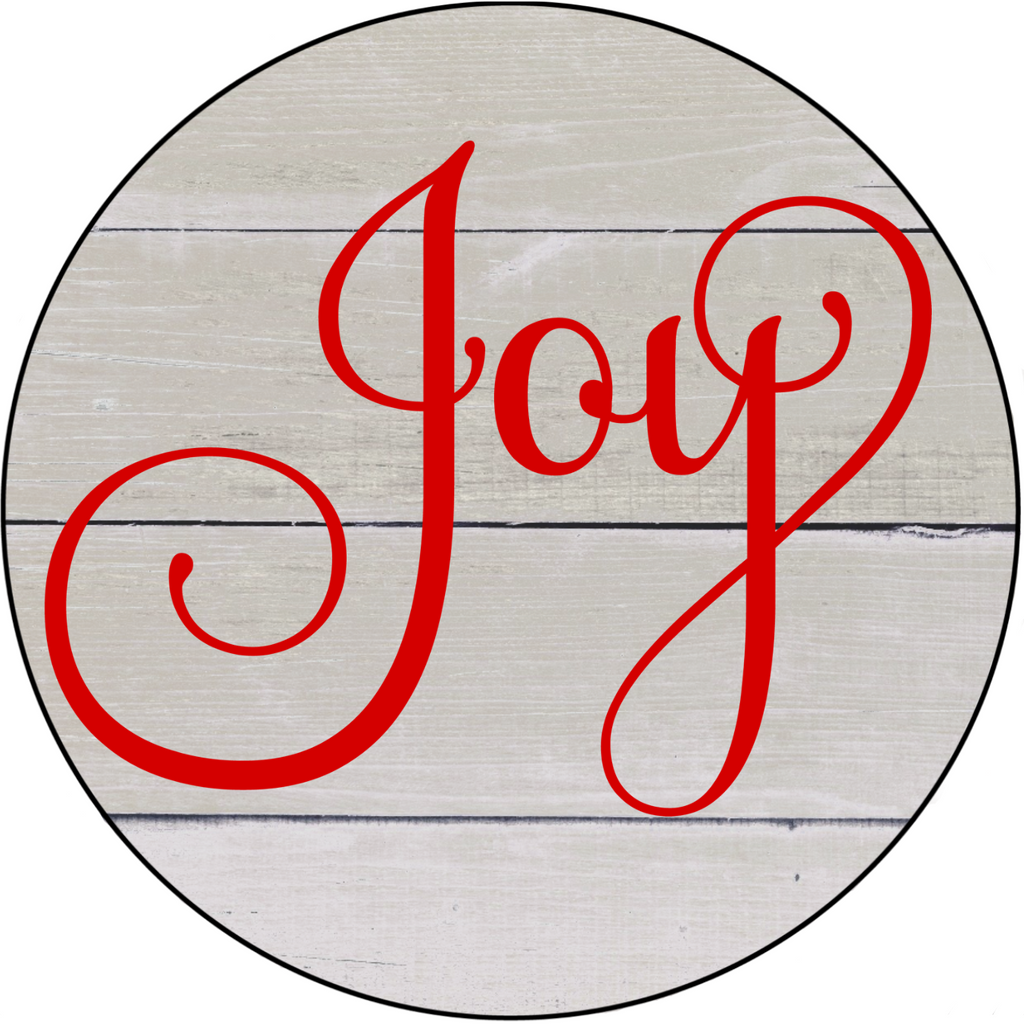 8 inch round wreath sign with joy written in red against a gray board background.