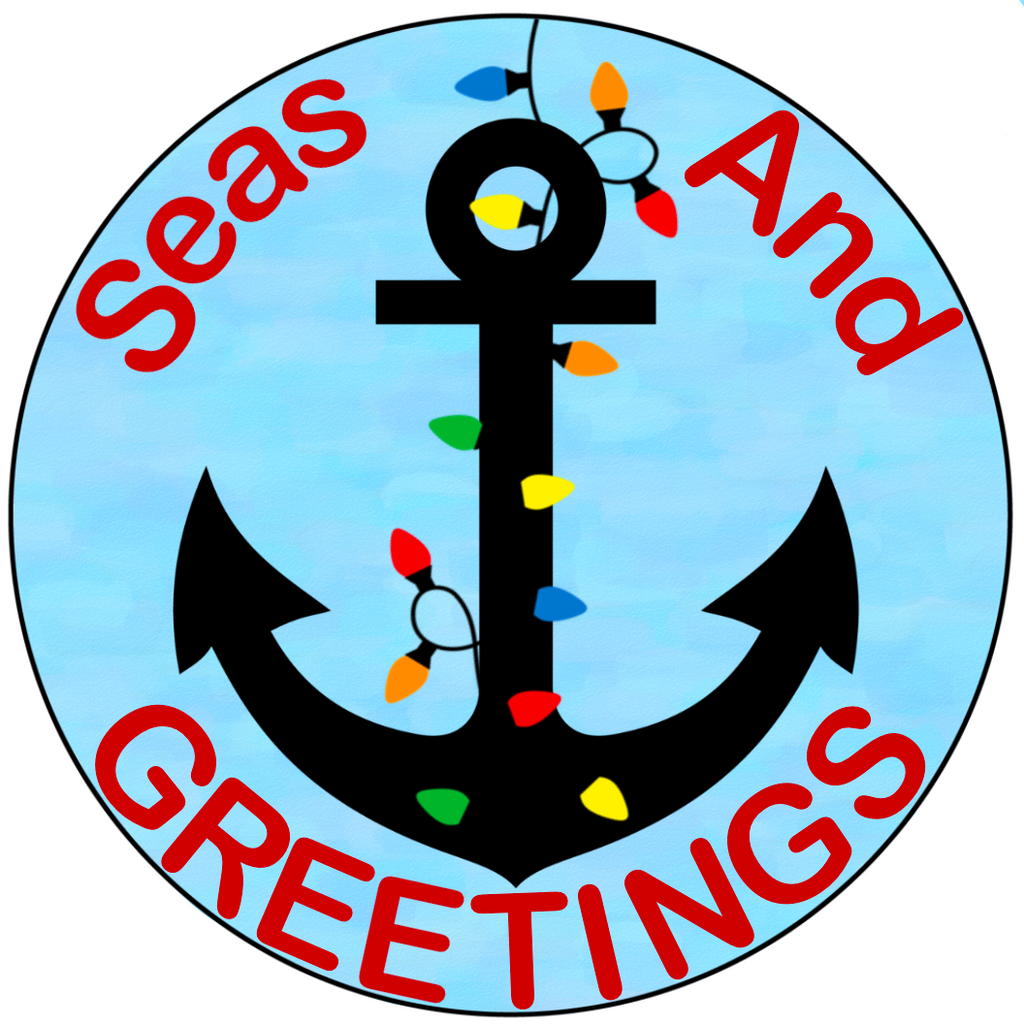 8 inch round metal sign with Seas and greetings printed in red with an anchor in the center wrapped in holiday lights atop a watercolor sea blue backdrop.