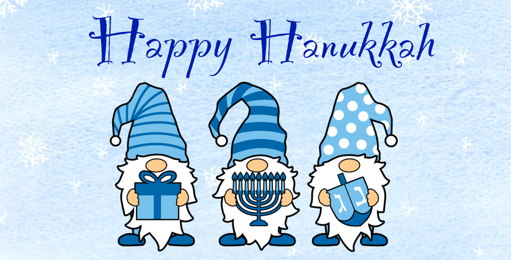 Happy Hanukkah sign featuring three gnomes set against a snowy background.   