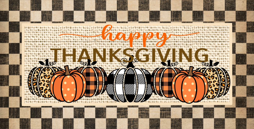 This 12 inch metal Happy Thanksgiving Wreath Sign is printed atop a burlap background accented with plaid  pumpkins and surrounded by an antique plaid background.