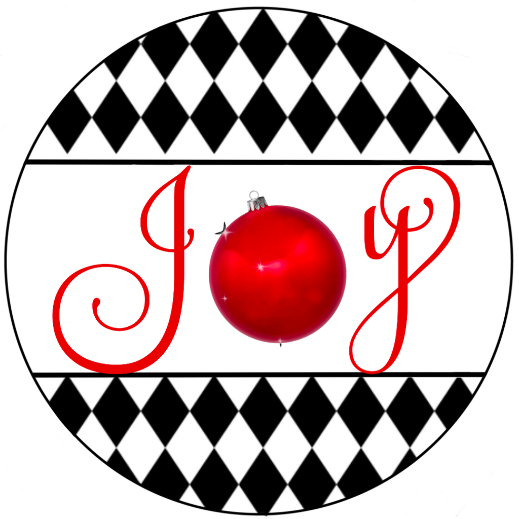 8 inch round metal sign with Joy printed in red with a red Christmas ornament ball substituting the "o" printed atop a royal black and white harlequin background