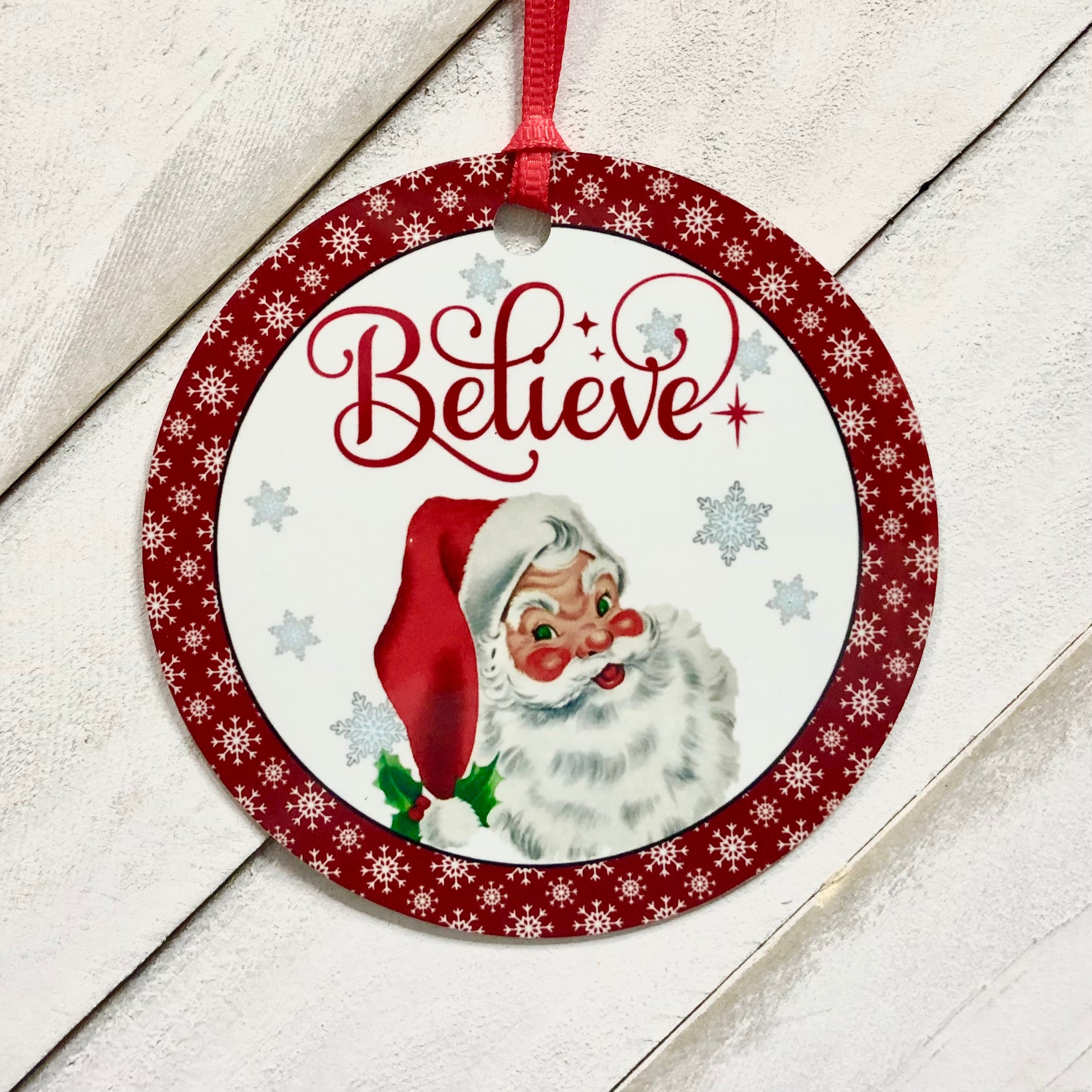 Santa Believe Christmas Ornament, Round Metal Ornament – The Village Wreath  Company