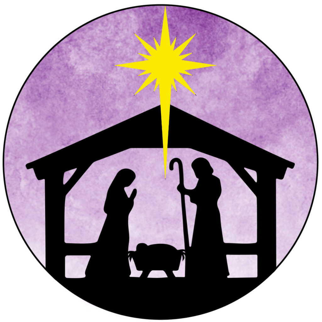 8 inch round metal wreath sign features a silhouetted manger scene with a bright yellow star of Bethlehem against a watercolor purple night sky