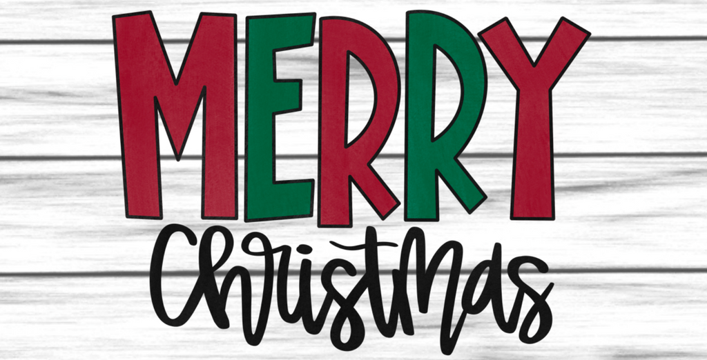 whimsical merry christmas sign with alternating red/green colors spelling MERRY and Christmas in black set against a white wooden background