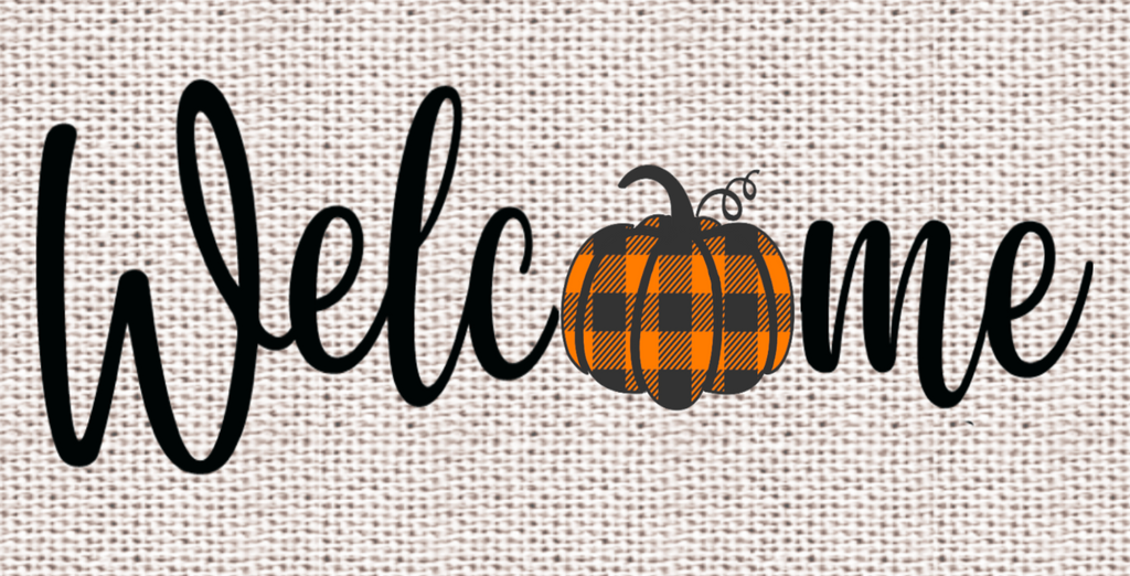 12 inch metal wreath sign with Welcome printed in black with a plaid pumpkin as the letter "o" set against a beige burlap background