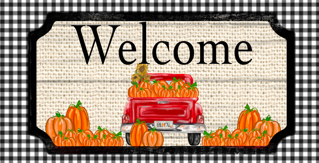 12 inch metal Welcome wreath sign with an antique red truck full of pumpkins set against a burlap background and surrounded by black and white gingham