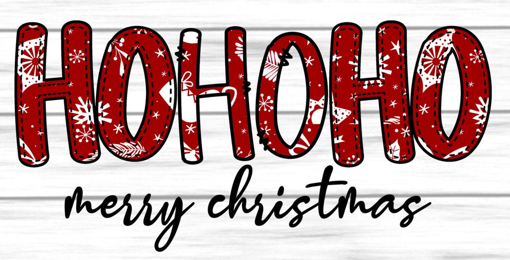 12 inch metal sign with Ho Ho Ho printed in red and white snowflakes and Merry Christmas printed in black atop a white shiplap background