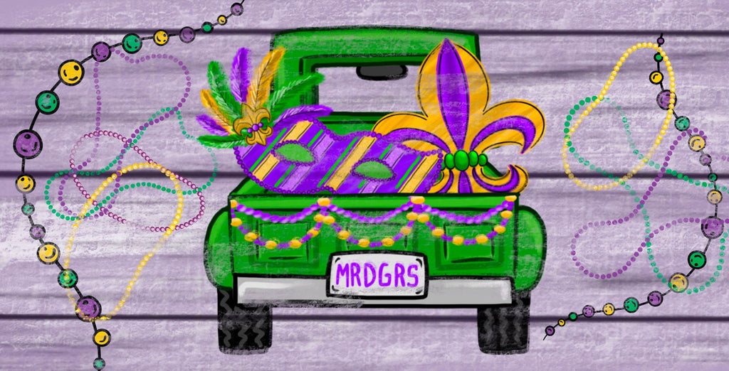12 inch metal mardi gras wreath sign with a red truck bed full of mardi gras supplies printed on purple colored shiplap and surrounded by beads.