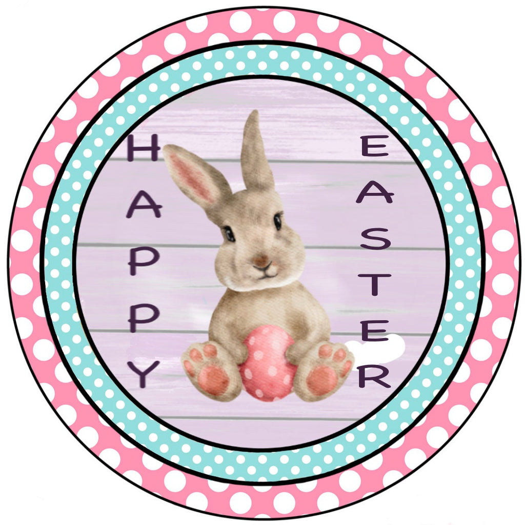 Cute bunny sitting with a pink easter egg between his legs against a shiplap background and surrounded in light blue and pink backgrounds with white polka dots.